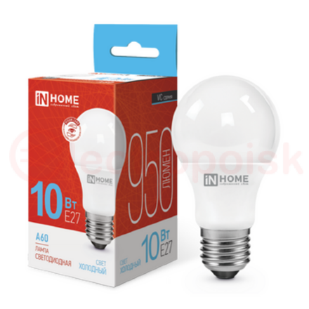 Лампа светодиодная LED-A60-VC 10Вт 230В Е27 6500К 950Лм IN HOME