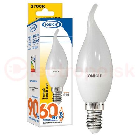 Лампа светодиодная LED 6w 2700К, E14, 540Лм, свечана ветру IONICH