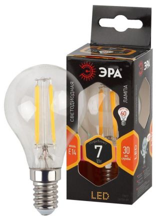 Лампа светодиодная филаментная F-LED P45-7W-827-E14 (филамент, шар, 7Вт, тепл, E14 (10/100/2400) ЭРА
