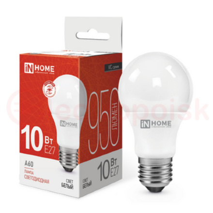 Лампа светодиодная LED-A60-VC 10Вт 230В Е27 4000К 950Лм IN HOME